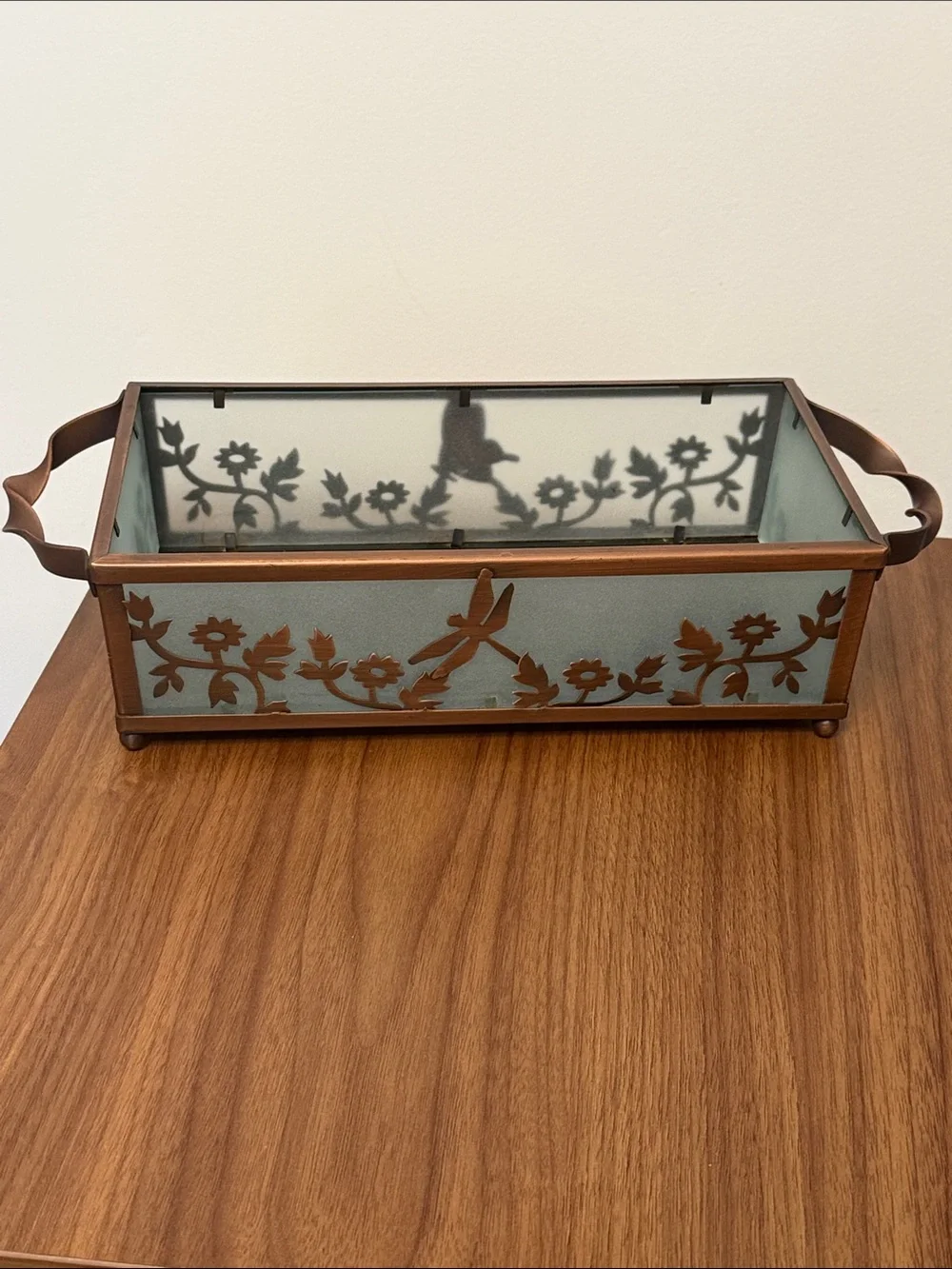 PartyLite Copper Lace Pillar Candle Holder Dragonfly Butterfly P7204 Great